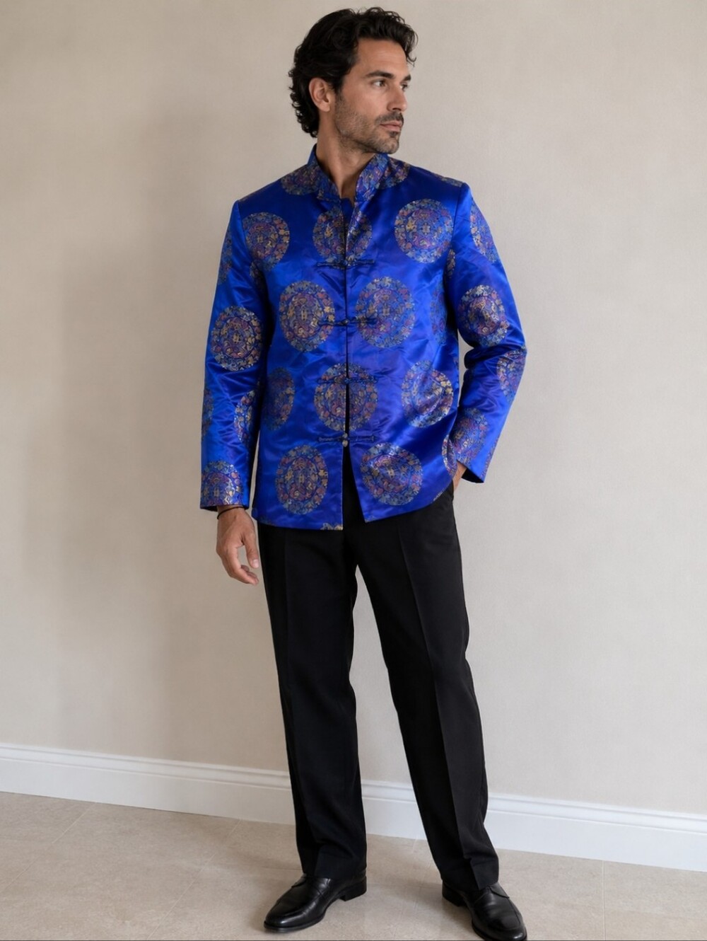 Blue Satin Brocade Jacket with Intricate Medallion Pattern Asian Oriental Large
